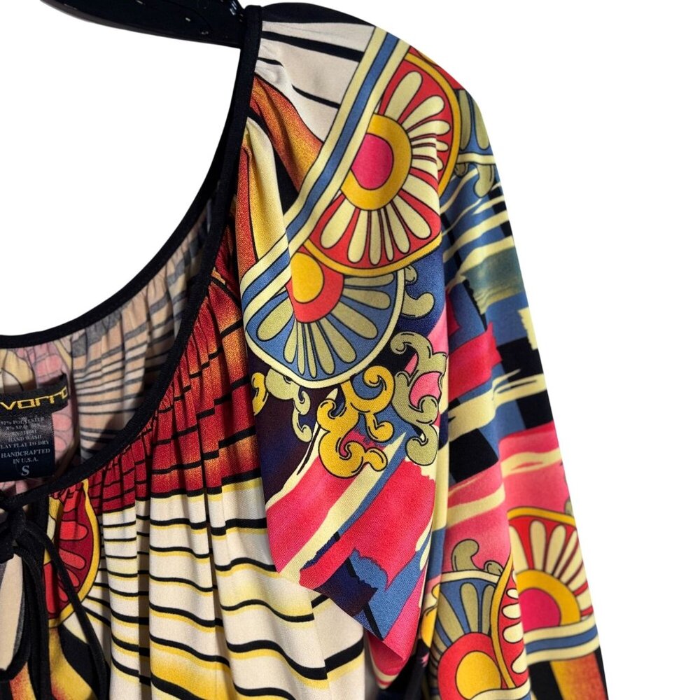 Evovorro Graphic Print Peasant Top Small Multicolor Boho Tunic 3/4 Sleeve - Picture 3 of 11